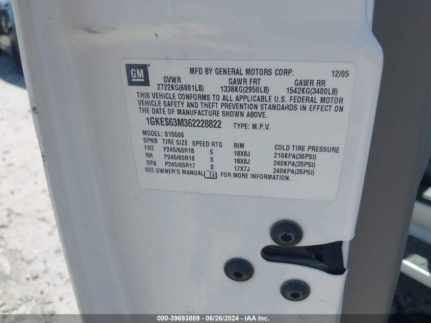 2006 GMC Envoy Denali VIN: 1GKES63M362228822 Lot: 39693889
