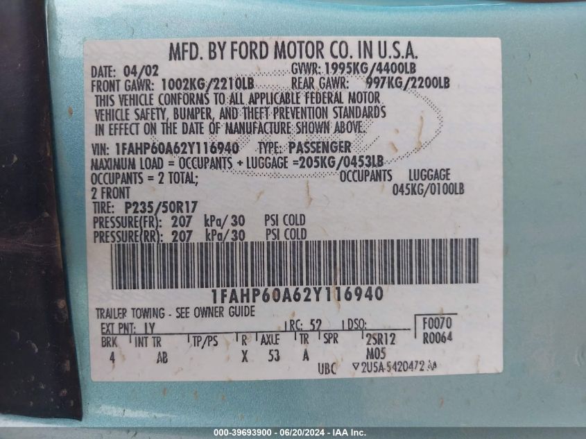 2002 Ford Thunderbird VIN: 1FAHP60A62Y116940 Lot: 39693900