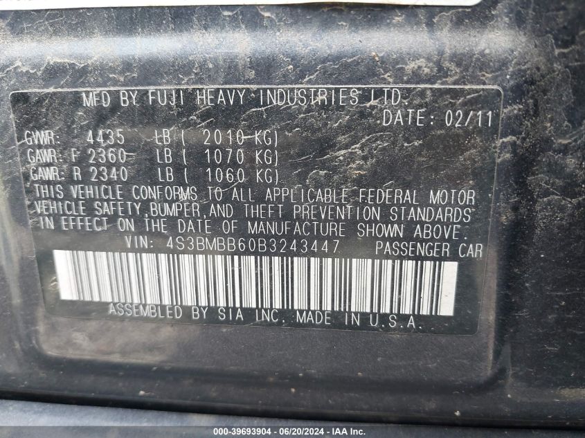 2011 Subaru Legacy 2.5I Premium VIN: 4S3BMBB60B3243447 Lot: 39693904