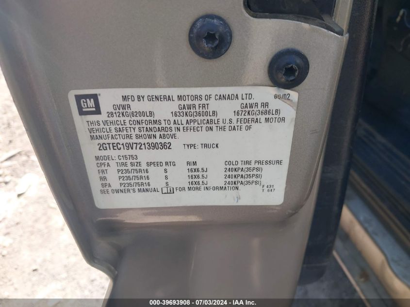 2002 GMC New Sierra C1500 VIN: 2GTEC19V721390362 Lot: 39693908