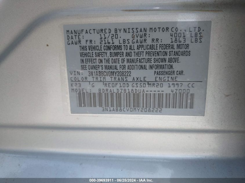 2021 Nissan Sentra Sv Xtronic Cvt VIN: 3N1AB8CV0MY208222 Lot: 39693911