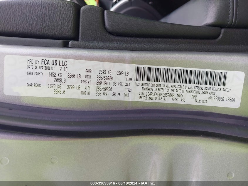 2015 Jeep Grand Cherokee Laredo VIN: 1C4RJEAG6FC957060 Lot: 39693916