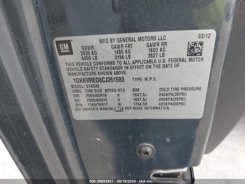 2012 GMC Acadia Slt-1 VIN: 1GKKVRED8CJ261583 Lot: 39693921