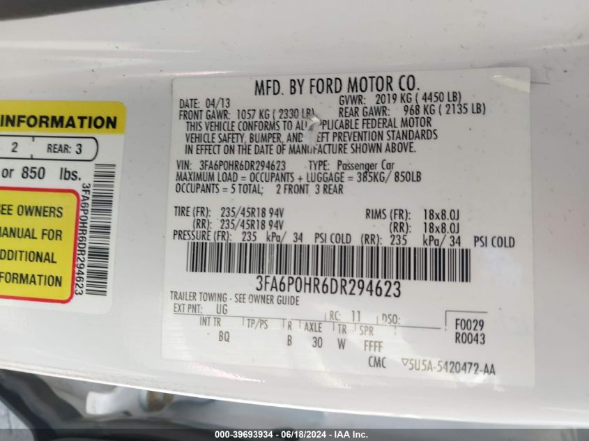 2013 FORD FUSION SE - 3FA6P0HR6DR294623