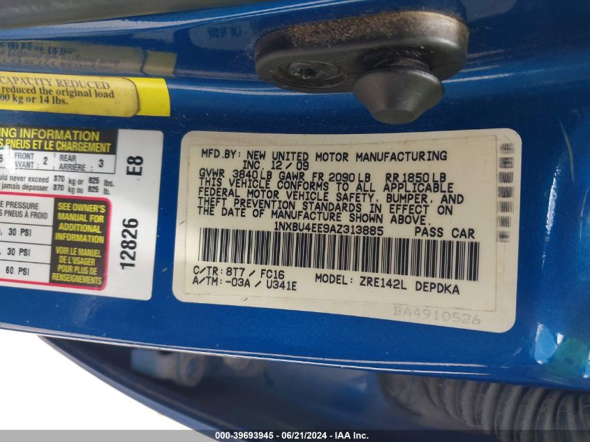 2010 Toyota Corolla S/Le/Xle VIN: 1NXBU4EE9AZ313885 Lot: 39693945