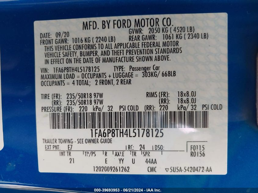2020 Ford Mustang Ecoboost Fastback VIN: 1FA6P8TH4L5178125 Lot: 39693953