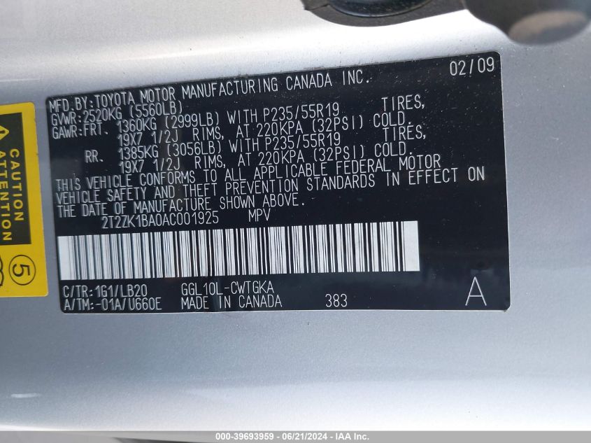 2010 Lexus Rx 350 VIN: 2T2ZK1BA0AC001925 Lot: 39693959