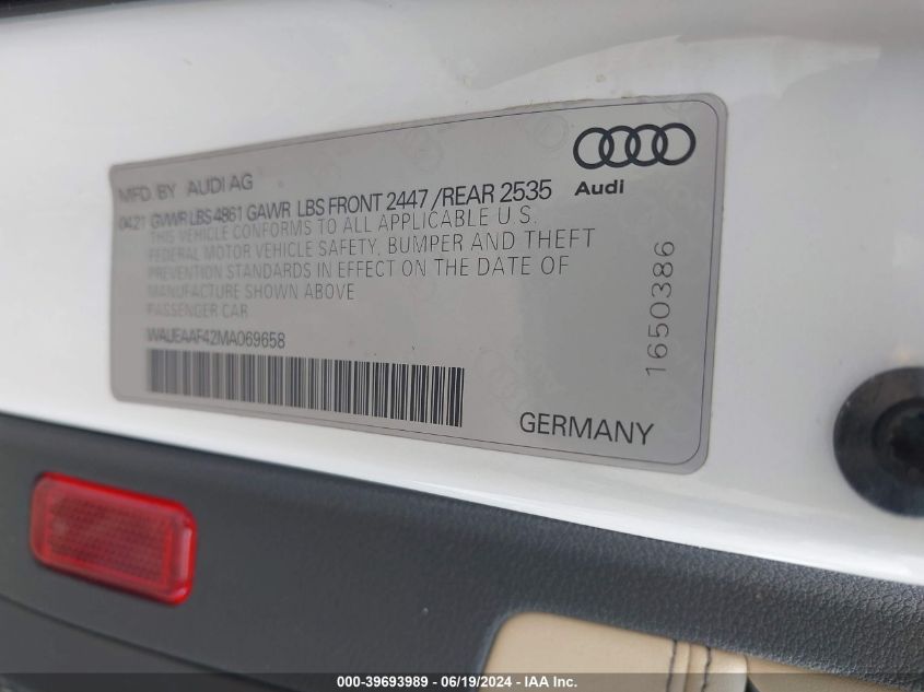 2021 Audi A4 Premium Plus 45 Tfsi S Line Quattro S Tronic VIN: WAUEAAF42MA069658 Lot: 39693989