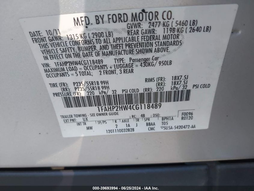 2012 Ford Taurus Sel VIN: 1FAHP2HW4CG118489 Lot: 39693994