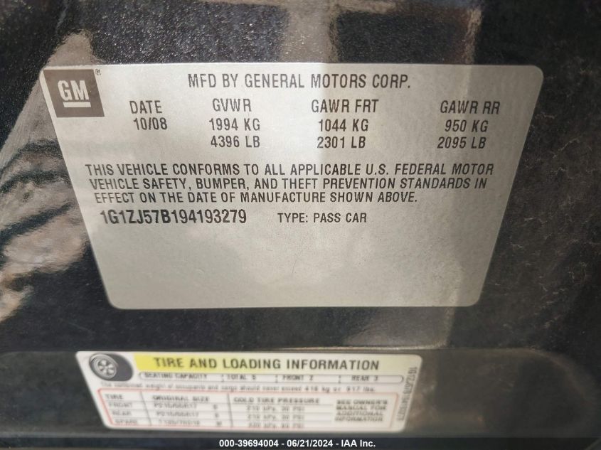 2009 Chevrolet Malibu Lt VIN: 1G1ZJ57B194193279 Lot: 39694004