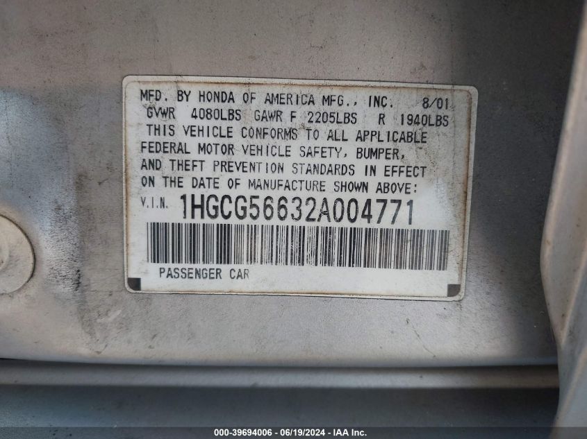 1HGCG56632A004771 | 2002 HONDA ACCORD