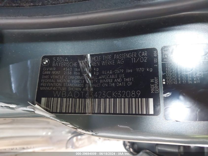 2003 BMW 530Ia VIN: WBADT63423CK32089 Lot: 39694009