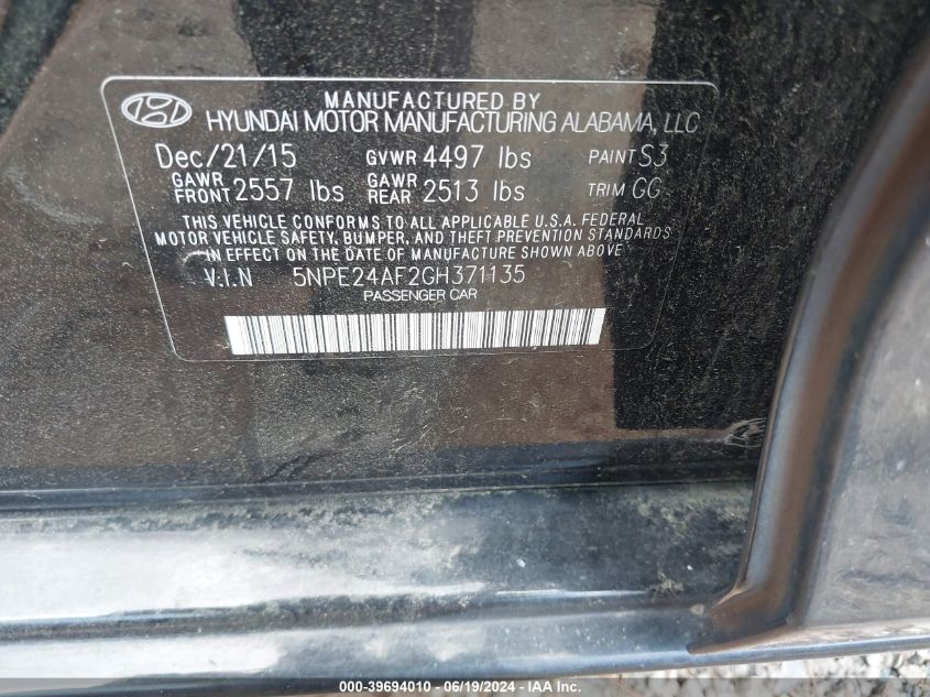 5NPE24AF2GH371135 | 2016 HYUNDAI SONATA