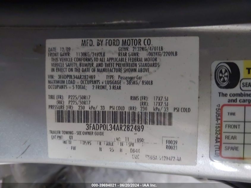 3FADP0L34AR282489 | 2010 FORD FUSION HYBRID