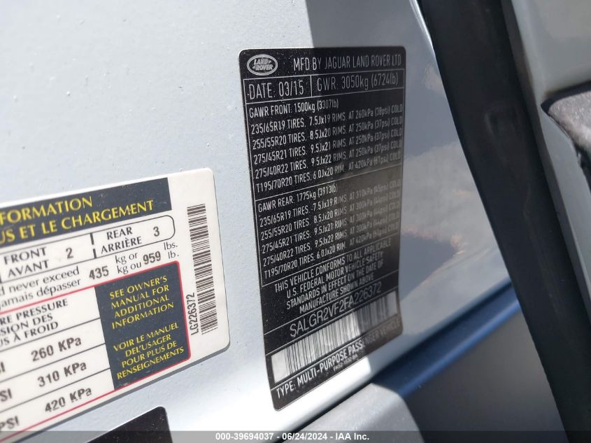 2015 Land Rover Range Rover 3.0L V6 Supercharged VIN: SALGR2VF2FA226372 Lot: 39694037