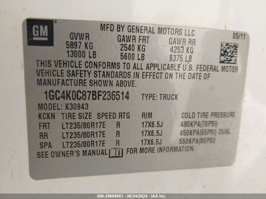 2011 Chevrolet Silverado 3500Hd Lt VIN: 1GC4K0C87BF236514 Lot: 39694051