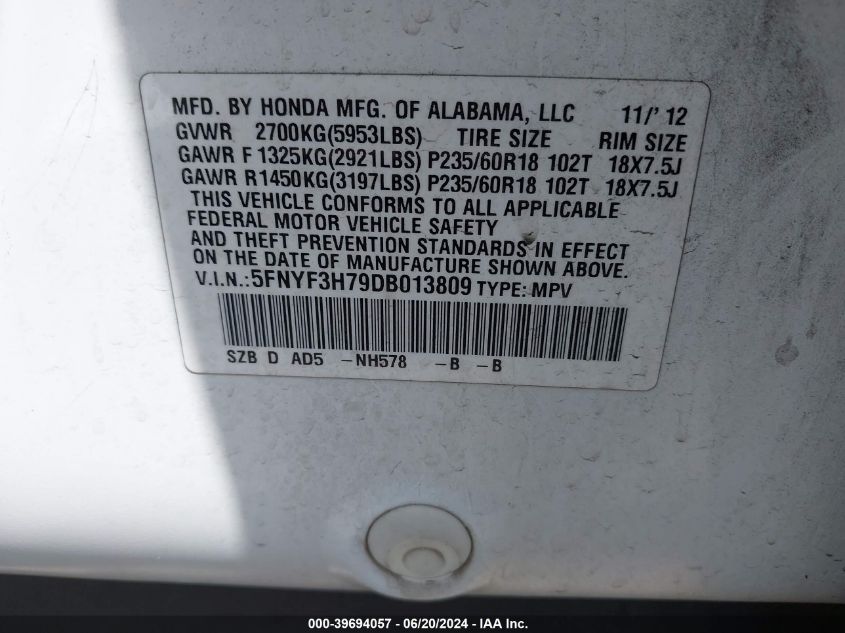 2013 Honda Pilot Ex-L VIN: 5FNYF3H79DB013809 Lot: 39694057