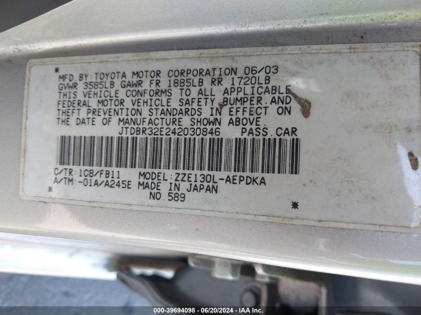 2004 Toyota Corolla Ce VIN: JTDBR32E242030846 Lot: 39694098