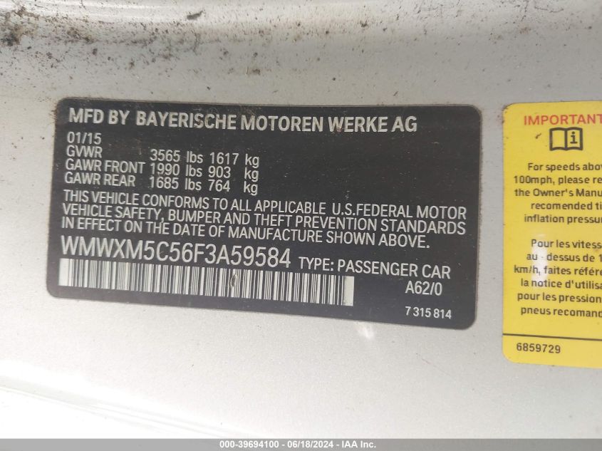 2015 Mini Hardtop Cooper VIN: WMWXM5C56F3A59584 Lot: 39694100