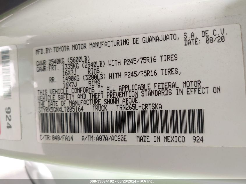 2020 Toyota Tacoma Sr VIN: 3TYRX5GNXLT005164 Lot: 39694102
