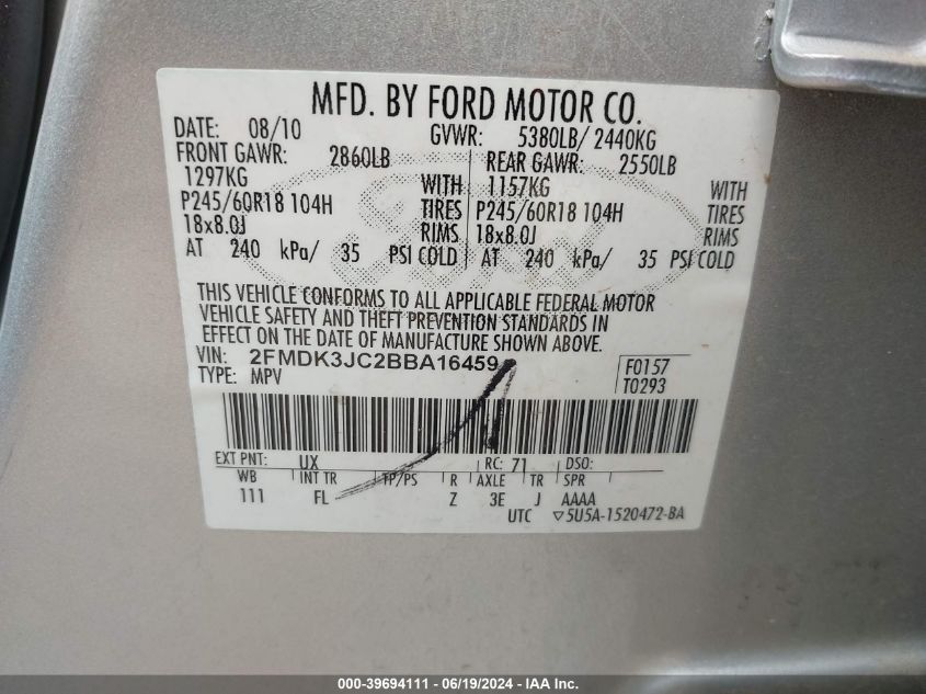 2011 Ford Edge Sel VIN: 2FMDK3JC2BBA16459 Lot: 39694111