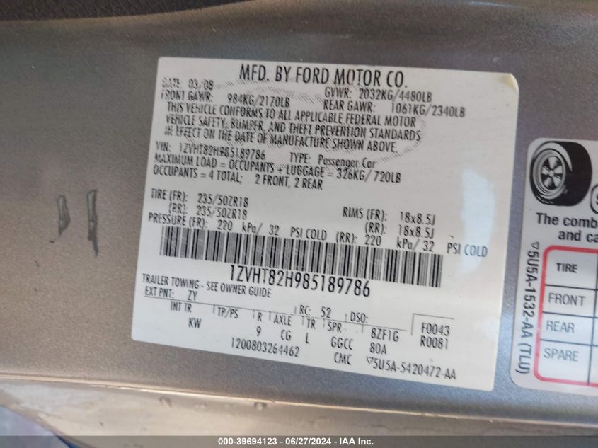 2008 Ford Mustang Gt Deluxe/Gt Premium VIN: 1ZVHT82H985189786 Lot: 39694123