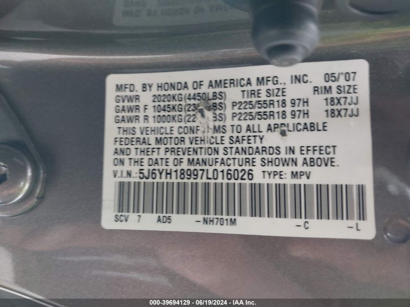 2007 Honda Element Sc VIN: 5J6YH18997L016026 Lot: 39694129