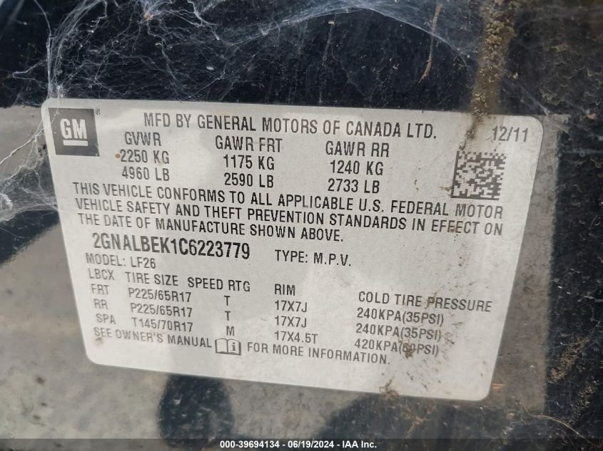 2012 Chevrolet Equinox Ls VIN: 2GNALBEK1C6223779 Lot: 39694134