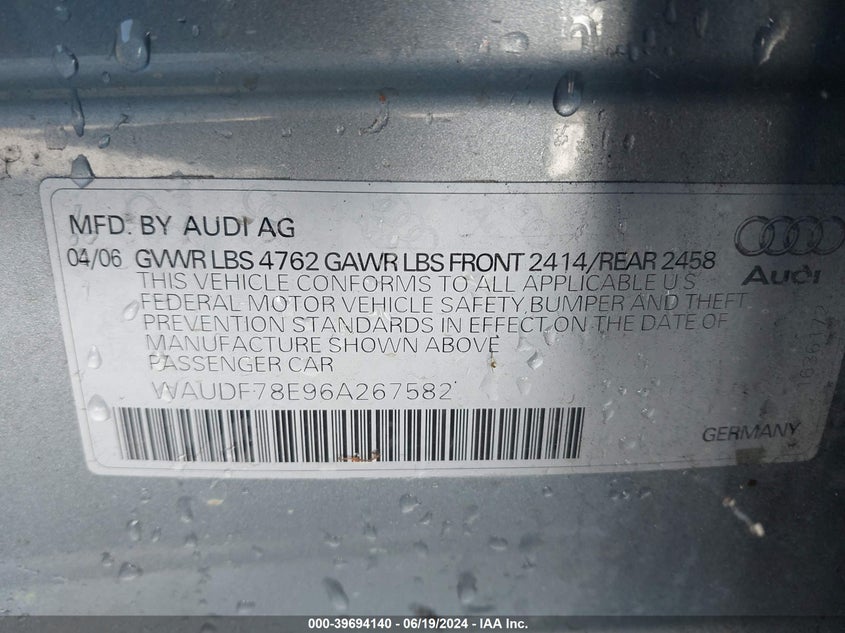 2006 Audi A4 2.0T VIN: WAUDF78E96A267582 Lot: 39694140