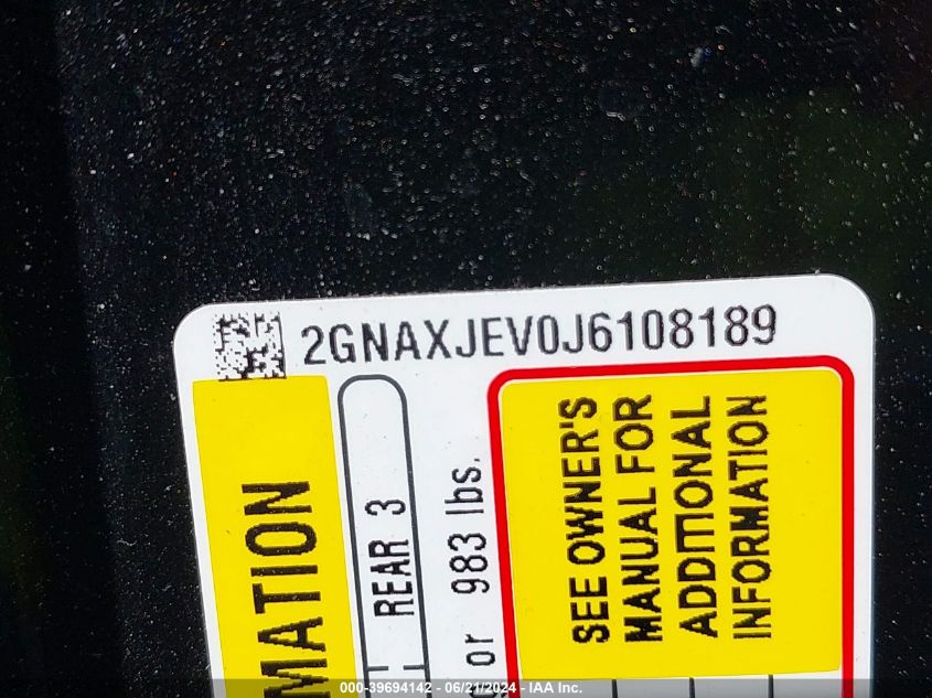 2018 Chevrolet Equinox Lt VIN: 2GNAXJEV0J6108189 Lot: 39694142