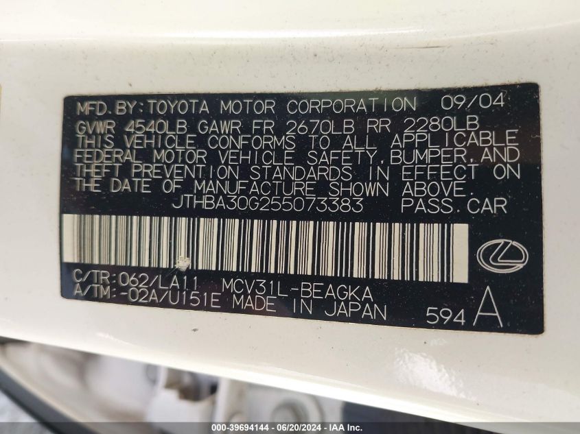 2005 Lexus Es 330 VIN: JTHBA30G255073383 Lot: 39694144