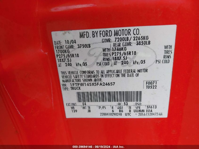 2005 Ford F-150 Fx4/Lariat/Xlt VIN: 1FTPW145X5FA24657 Lot: 39694146