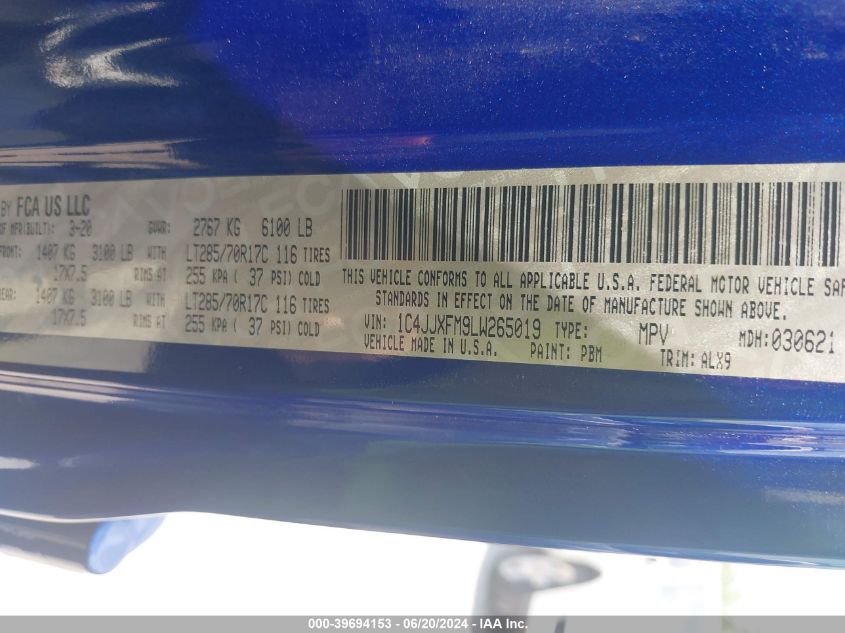 2020 Jeep Wrangler Unlimited Rubicon 4X4 VIN: 1C4JJXFM9LW265019 Lot: 39694153