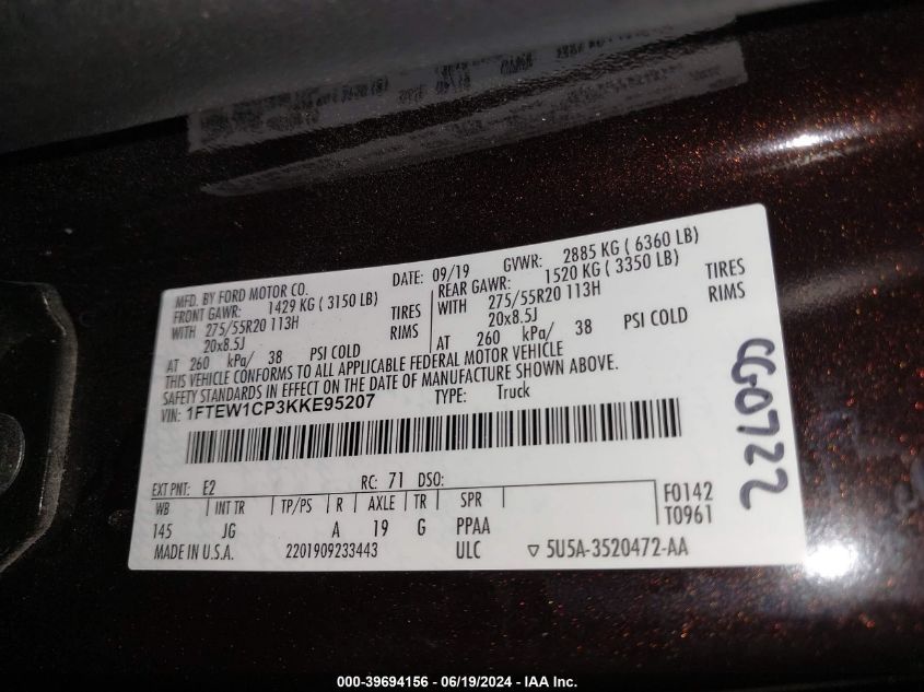 2019 Ford F150 Supercrew VIN: 1FTEW1CP3KKE95207 Lot: 39694156