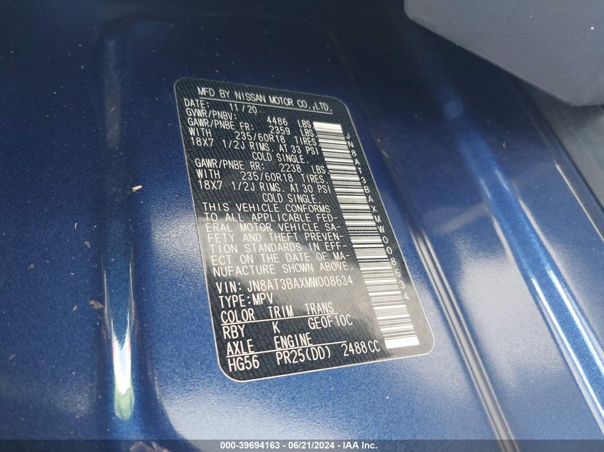 2021 NISSAN ROGUE SV FWD - JN8AT3BAXMW008634