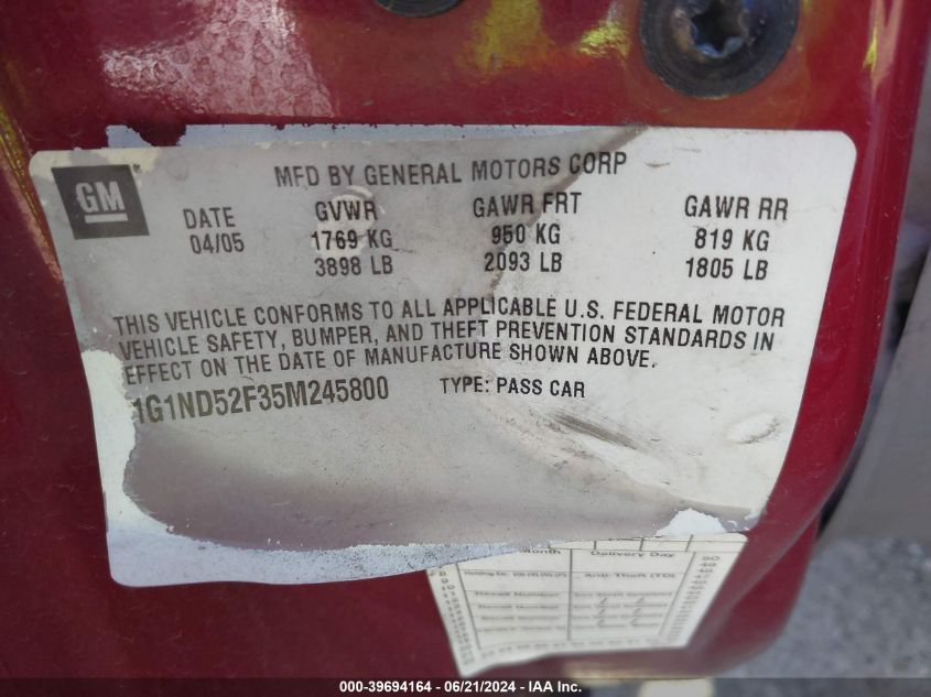 2005 Chevrolet Classic VIN: 1G1ND52F35M245800 Lot: 39694164