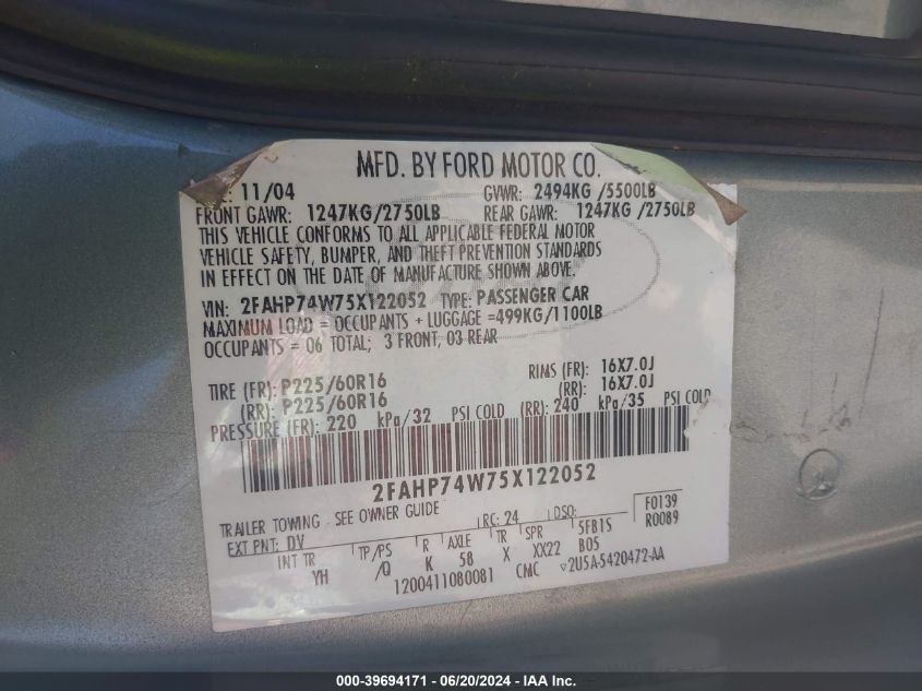 2005 Ford Crown Victoria Lx VIN: 2FAHP74W75X122052 Lot: 39694171