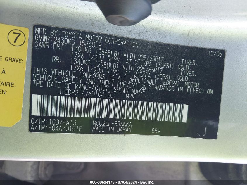 2006 Toyota Highlander Limited VIN: JTEDP21A760104120 Lot: 39694179