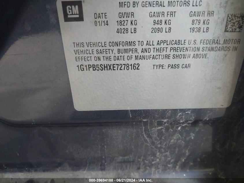 2014 Chevrolet Cruze Ls VIN: 1G1PB5SHXE7278162 Lot: 39694188