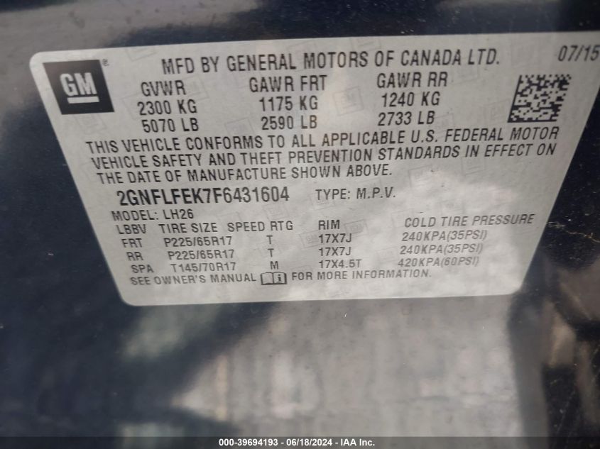 2015 Chevrolet Equinox 1Lt VIN: 2GNFLFEK7F6431604 Lot: 39694193