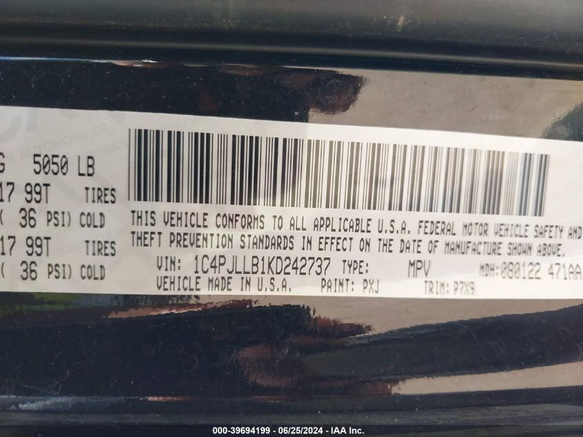 2019 Jeep Cherokee Latitude Plus Fwd VIN: 1C4PJLLB1KD242737 Lot: 39694199