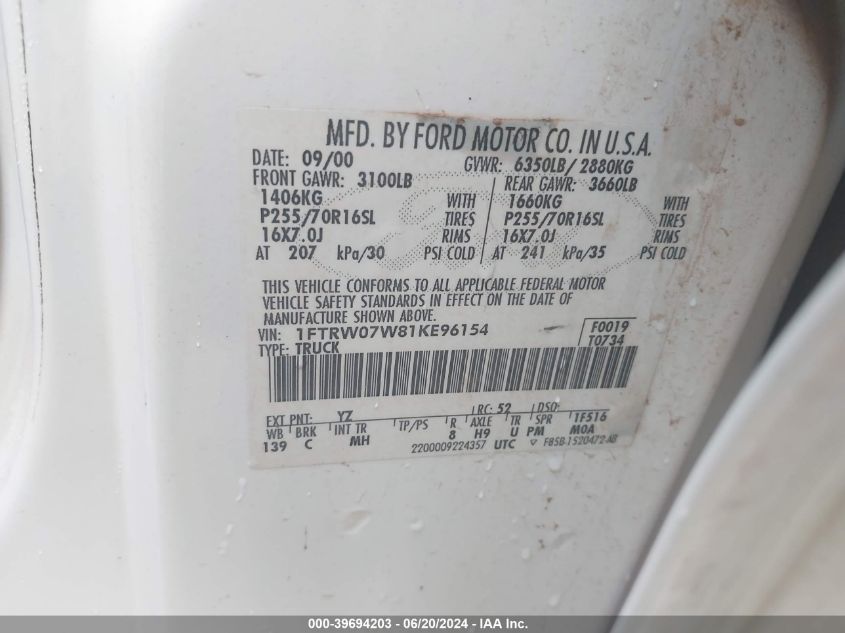 2001 Ford F150 Supercrew VIN: 1FTRW07W81KE96154 Lot: 39694203