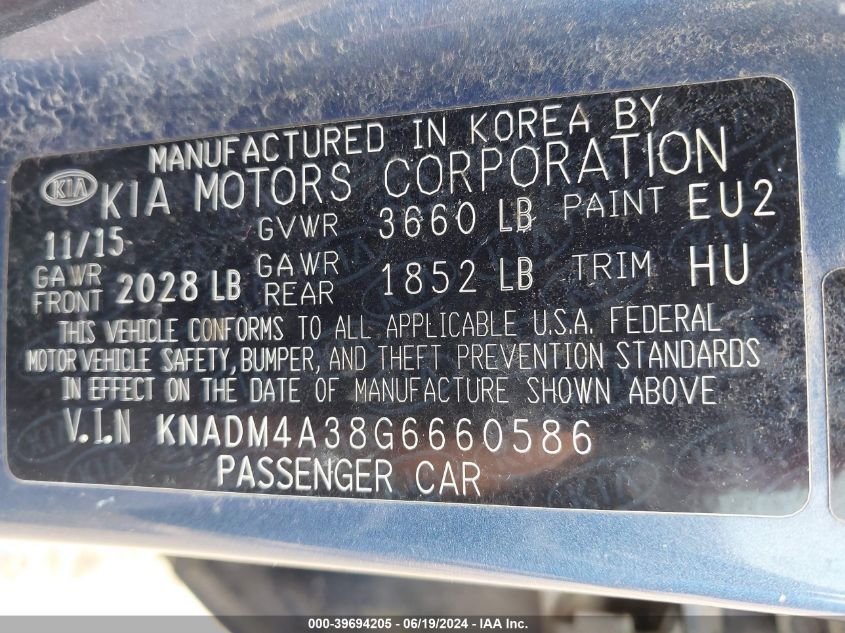 2016 Kia Rio Lx VIN: KNADM4A38G6660586 Lot: 39694205