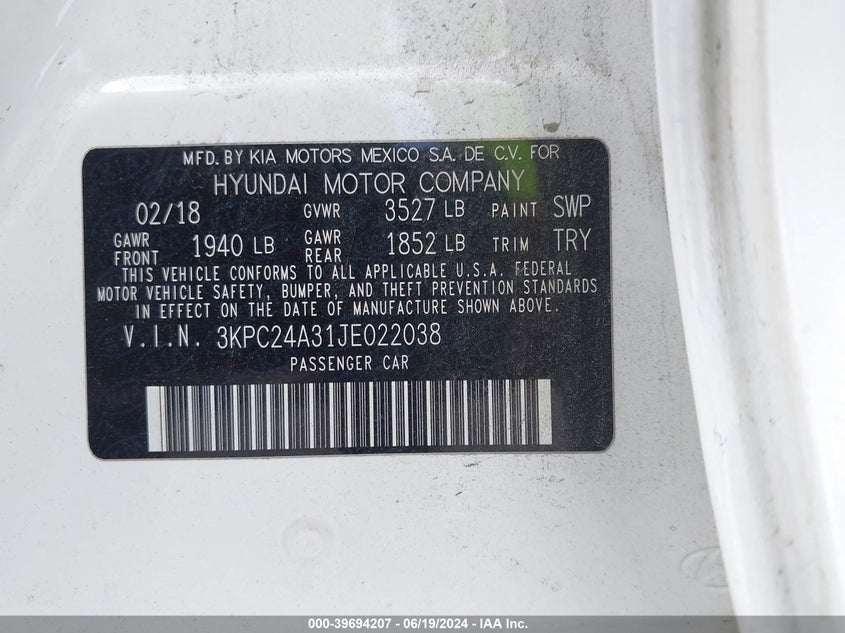 2018 Hyundai Accent Se VIN: 3KPC24A31JE022038 Lot: 39694207