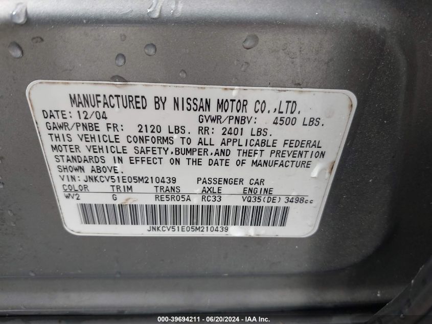 2005 Infiniti G35 VIN: JNKCV51E05M210439 Lot: 39694211
