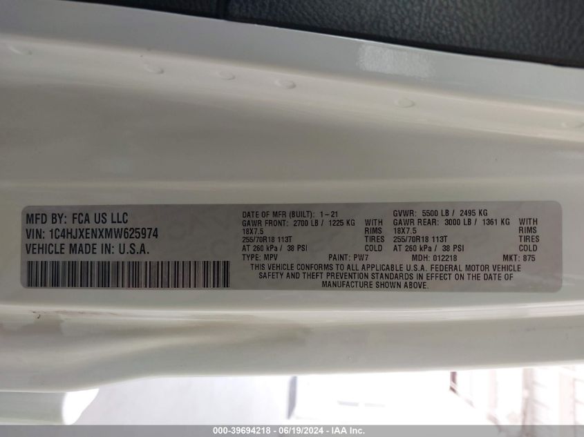 2021 Jeep Wrangler Unlimited Sahara 4X4 VIN: 1C4HJXENXMW625974 Lot: 39694218