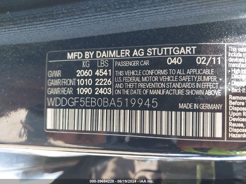 2011 Mercedes-Benz C 300 Luxury/Sport VIN: WDDGF5EB0BA519945 Lot: 39694228