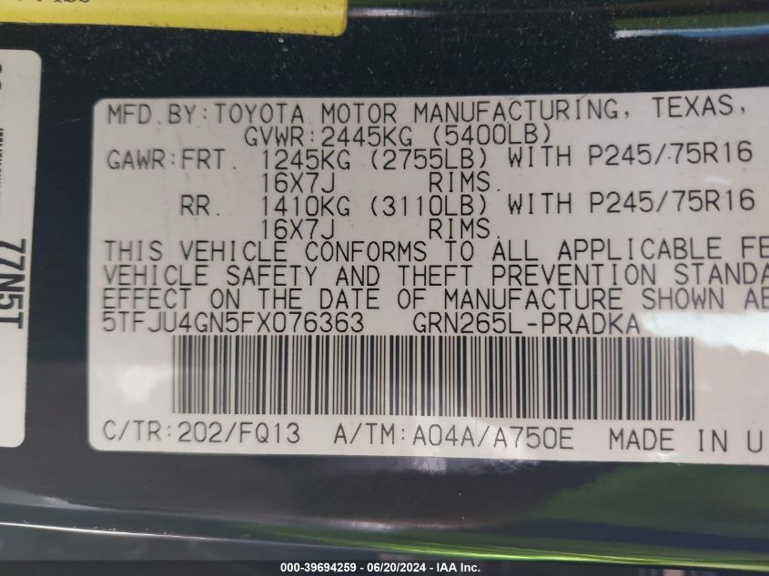 2015 Toyota Tacoma Prerunner V6 VIN: 5TFJU4GN5FX076363 Lot: 39694259