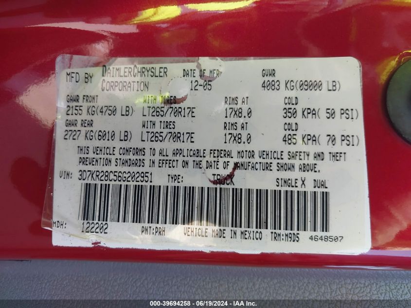 2006 Dodge Ram 2500 Slt/Sport VIN: 3D7KR28C56G202951 Lot: 39694258