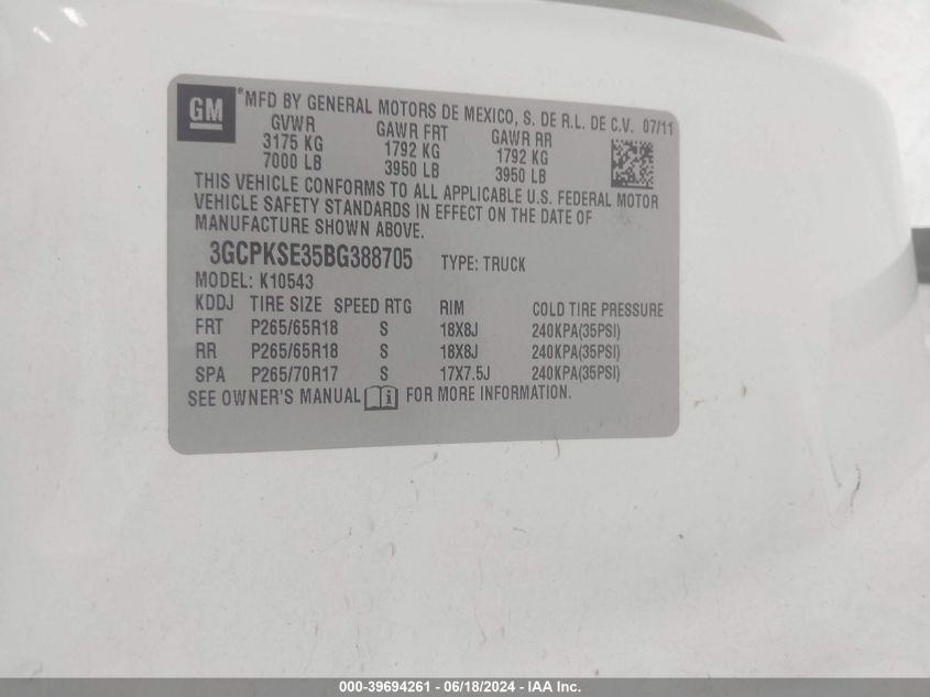 2011 Chevrolet Silverado 1500 Lt VIN: 3GCPKSE35BG388705 Lot: 39694261